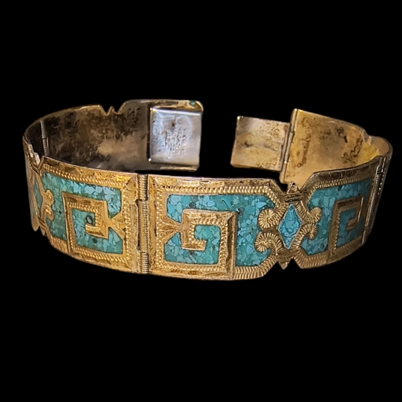 Vintage Mexico Sterling Silver & Turquoise Inlay Hinged Panel Bracelet - Picture 4 of 10